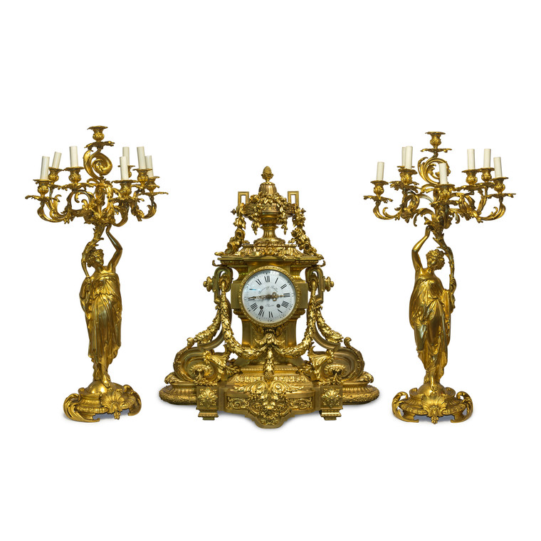 Monumental Gilt Bronze Three Piece Clock 