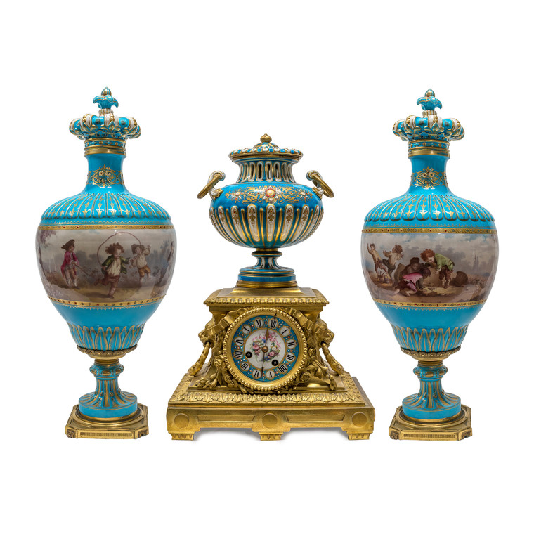 Gilt Bronze and Turquoise Sèvres Style Jeweled Porcelain Clock Set