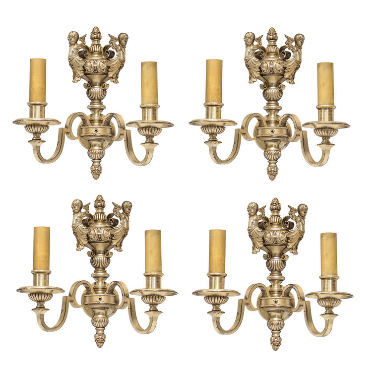 Set of Four Silvered Bronze Two-Light Sconces