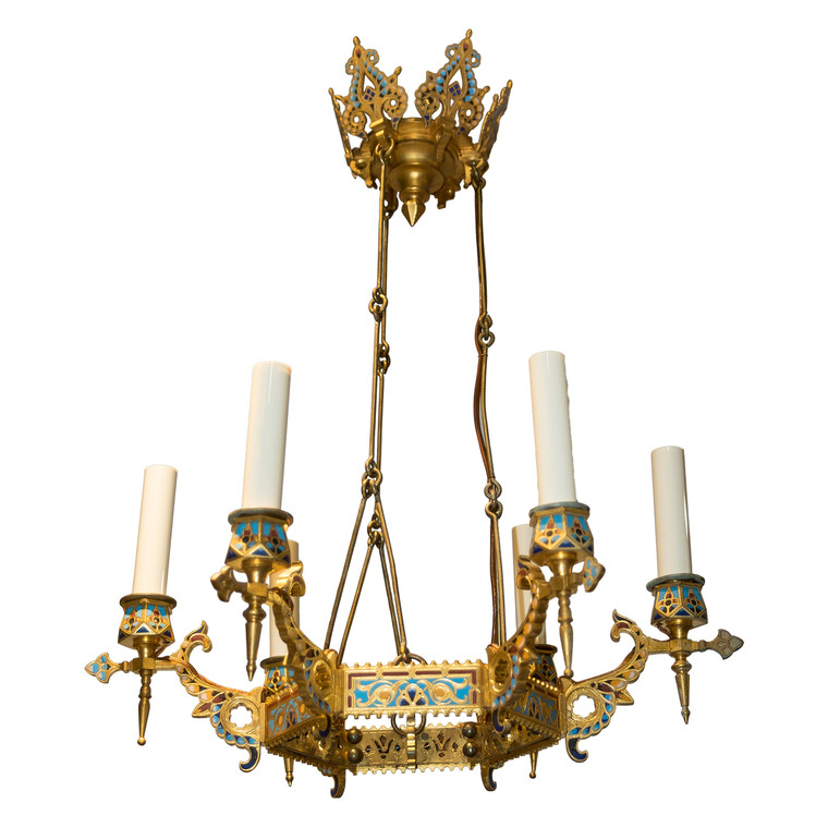 Gilt and Enamel Decorated Six-Light Chandelier