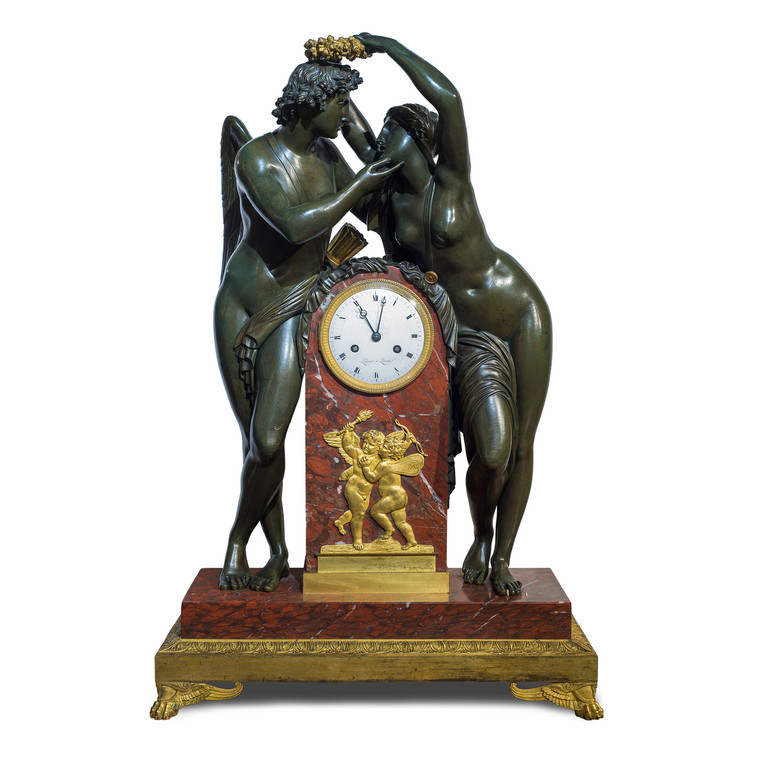 Empire Ormolu-Mounted Patinated Bronze and Rouge Royale Marble Mantel Clock