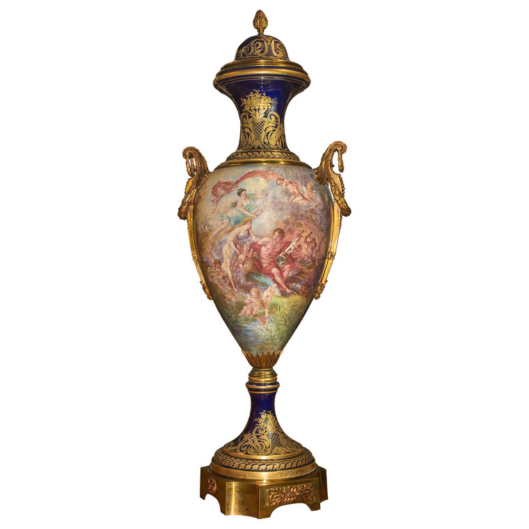 A Magnificent Monumental Sèvres Style Gilt Bronze Mounted Porcelain Vase and Cover