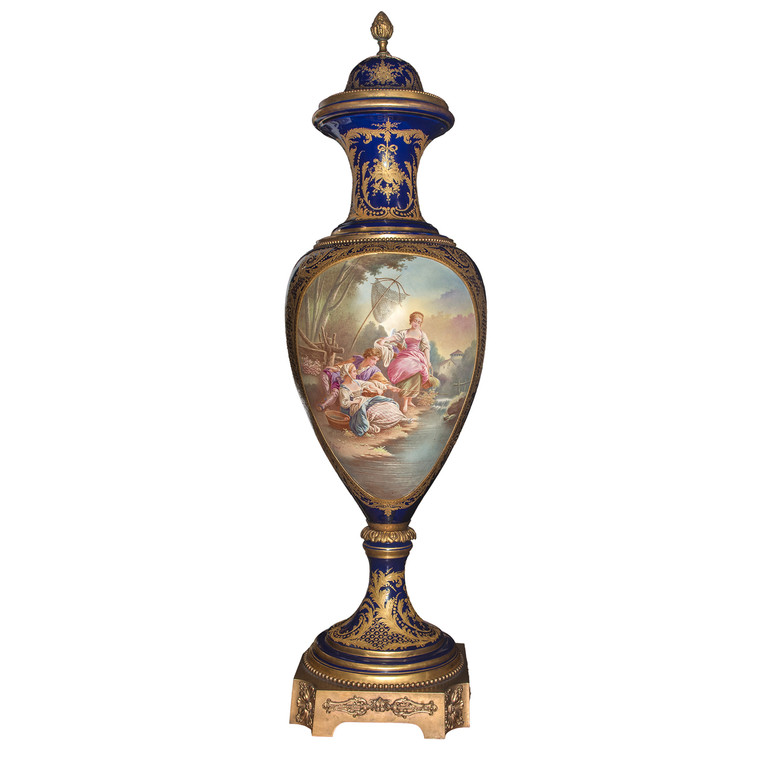 A Magnificent Monumental Gilt Bronze Mounted Sèvres Style Cobalt Blue Ground Porcelain Lidded Vase