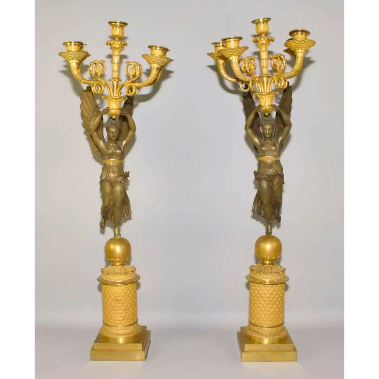 Pair of Gilt Bronze Empire Five-Light Figural Candelabras