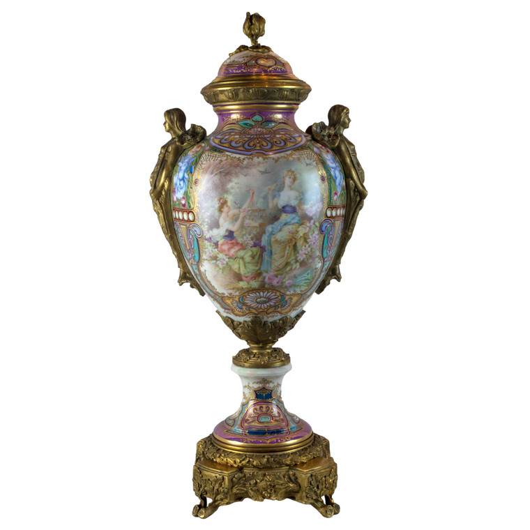 A Fine Quality Monumental Sèvres Style Art Nouveau Gilt-Bronze Mounted Painted Porcelain Urn and Cover 