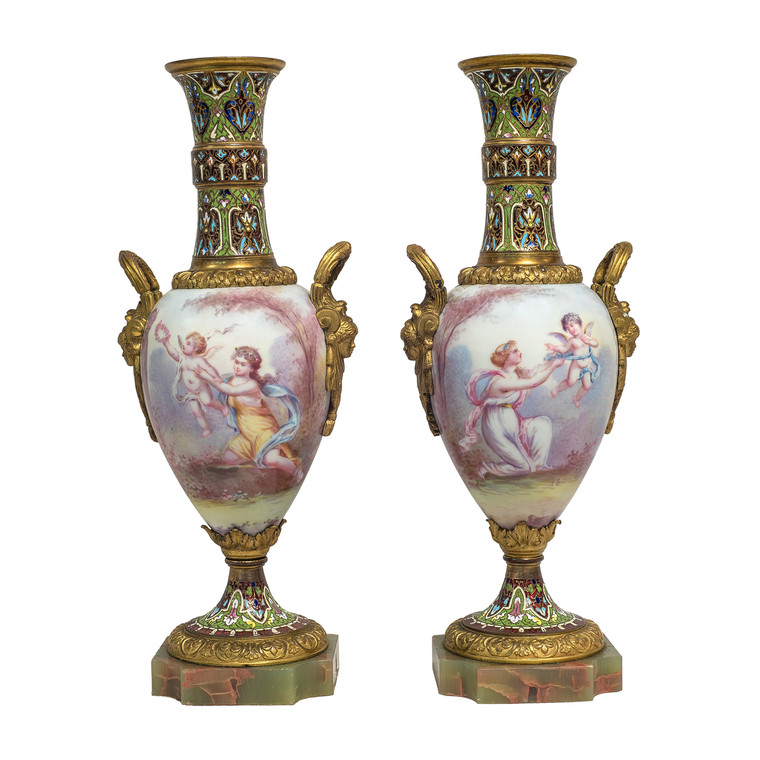 A Stunning Pair of Sèvres-style Porcelain Vases with Bronze and Champlevé Enamel Mounts