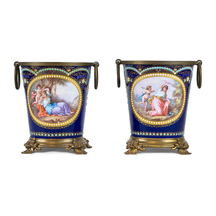 A Pair of Fine Quality Jeweled Painted French Enamel Planters