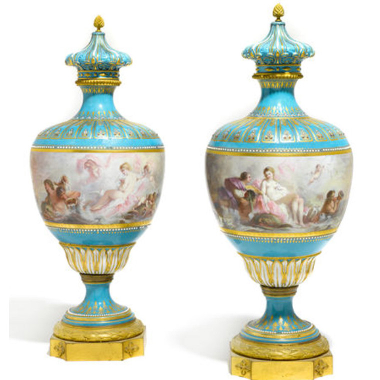 A pair of Sèvres Style Gilt Bronze Mounted Jeweled Porcelain Vases signed Poitevin