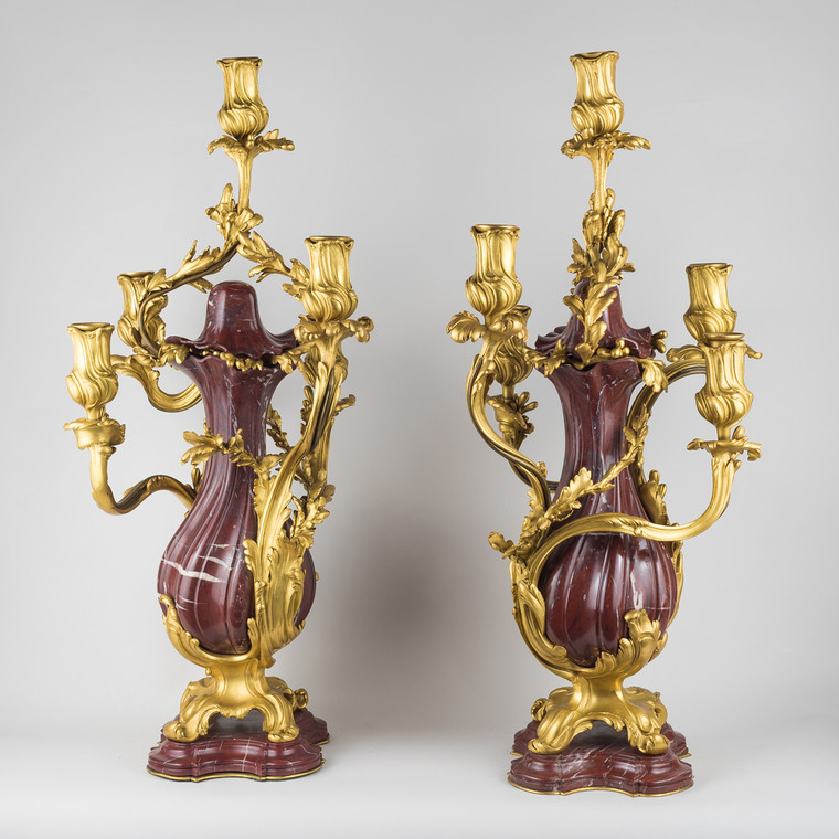 Pair of Louis XV Style Gilt Bronze and Rouge Marble Five-light Candelabra