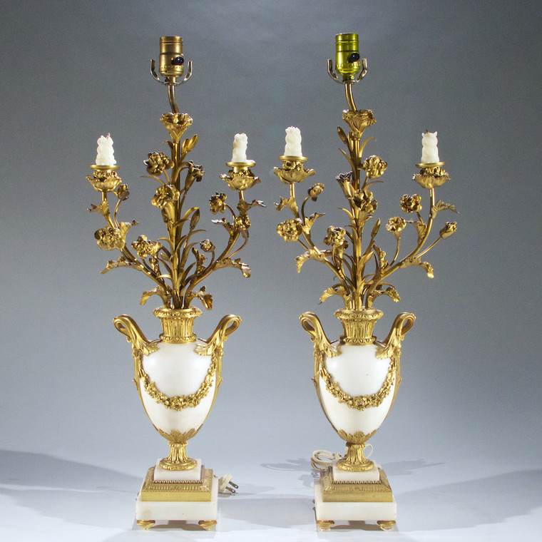 Fine Pair of French Ormolu and White Marble Three-Light Candelabra by Eugene Hazart