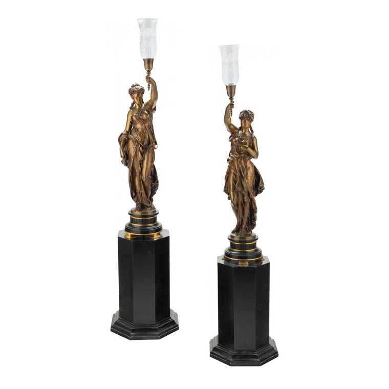 Important Pair of French Patinated Bronze Torchères by Mathurin Moreau