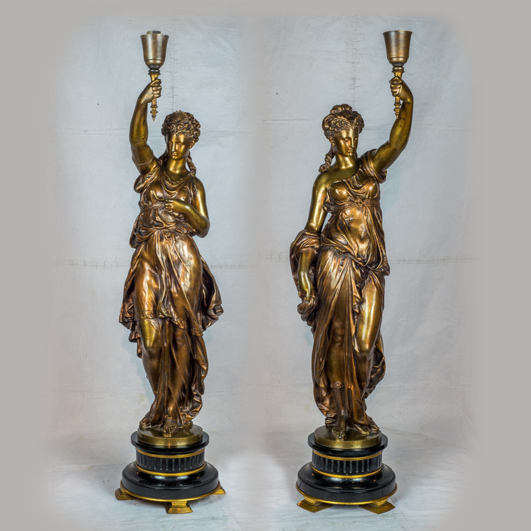 Important Pair of French Patinated Bronze Torchères by Mathurin Moreau