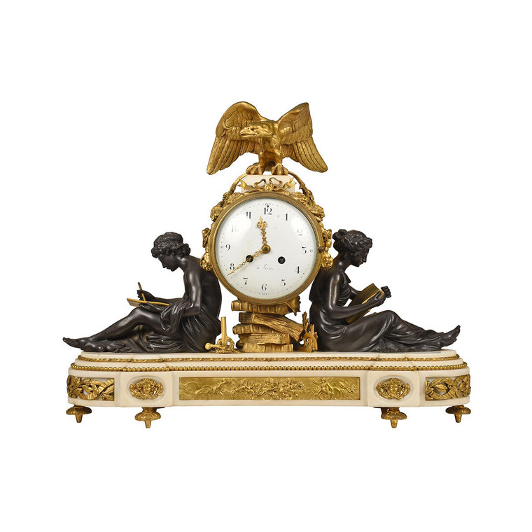 A Fine Quality Louis XVI Style Gilt Bronze Figural Mantel Clock and Marble Base