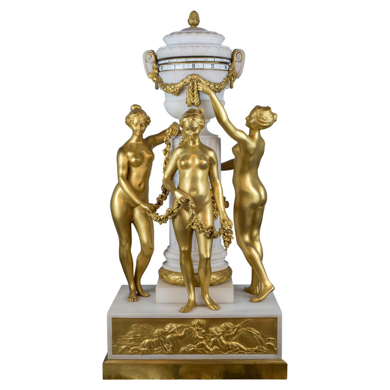 Exceptional and unique gilt bronze and white marble ‘Three Graces’ rotary clock
