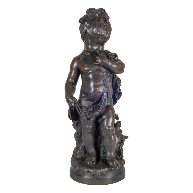 A Fine Quality Patinated Bronze Sculpture of a girl with Flowers