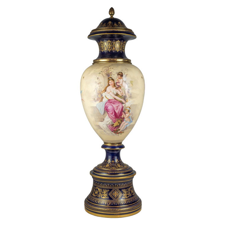 Stunning Large Royal Vienna-Style Painted Porcelain Covered Urns