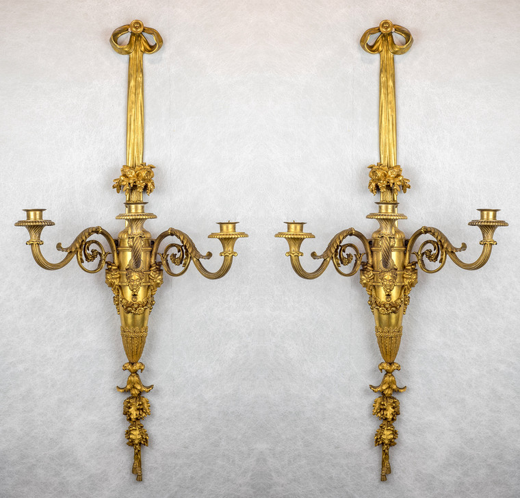 A Large and Fine Pair of Henri Vian French Ormolu Three-Light Wall Light Sconces