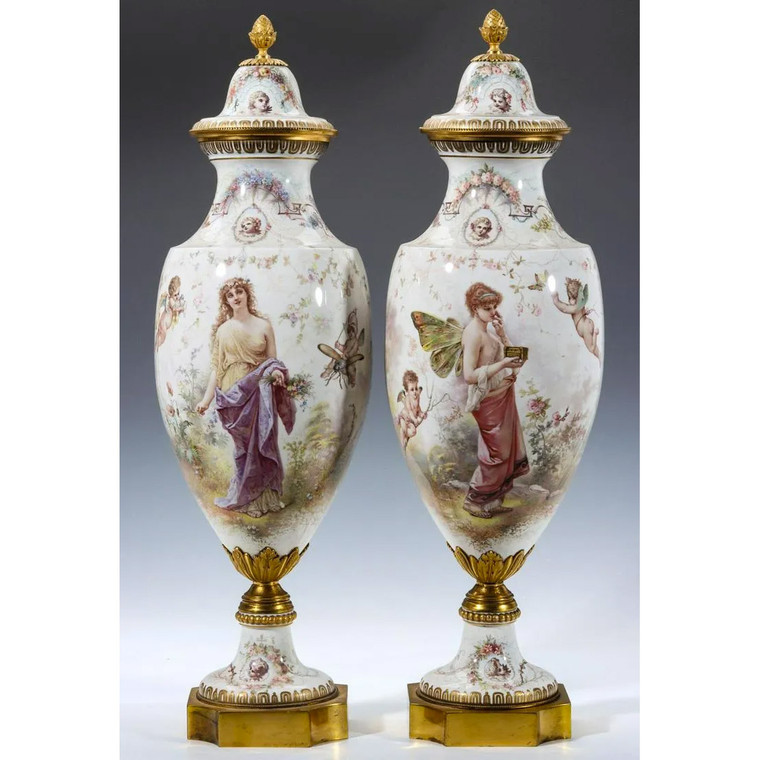 A Fine Quality Pair of Sèvres-style Porcelain Vases and Cover by M. Demonceaux