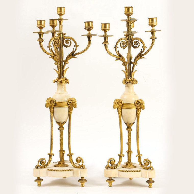 Very Fine Pair of Louis XVI Gilt Bronze and Marble Four-Light Candelabras