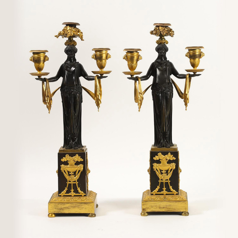 Very Fine Pair of French Empire Figural Three Light Candelabras