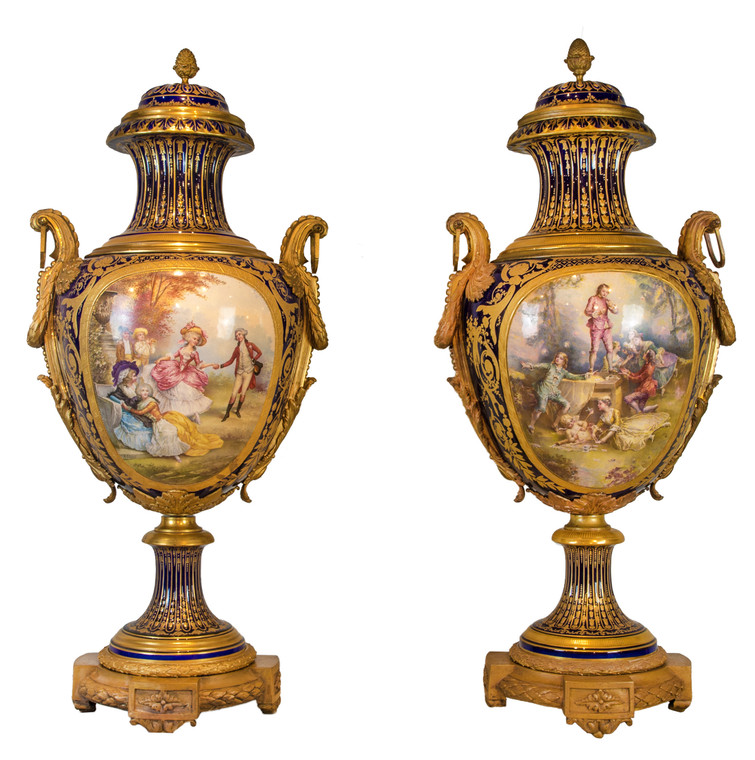 A Monumental Pair of Magnificent Gilt Bronze Mounted Sèvres Porcelain Covered Palace Urn