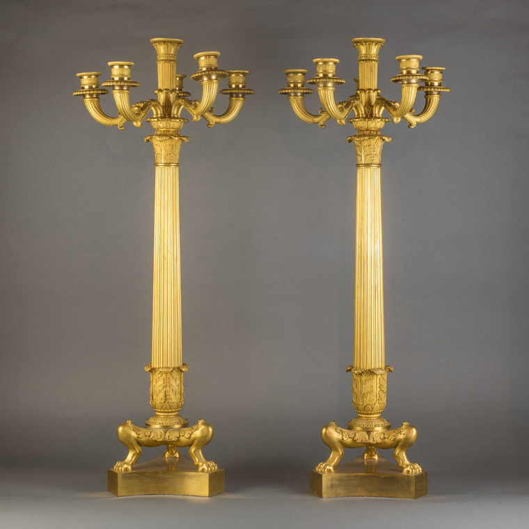 A Fine Pair of Empire Gilt Bronze Six-Light Candelabras