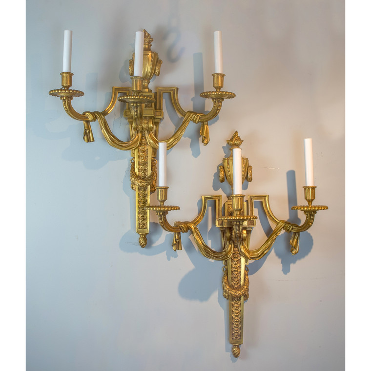 A Fine Pair of Louis XVI Style Gilt-Bronze Three-Light Sconces