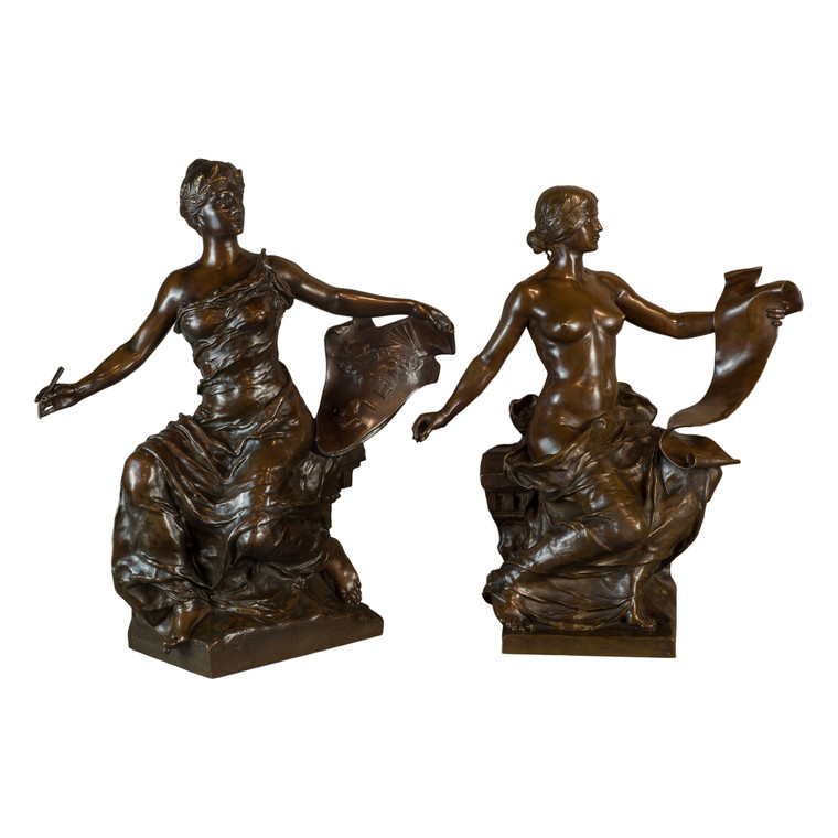 A Fine Pair of Patinated Bronze Females by Georges Bareau with Foundry Mark F. Barbedienne