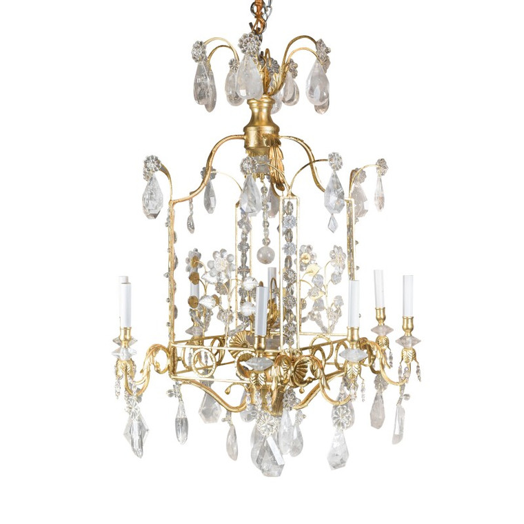 A Fabulous Gilt-Metal and Rock Crystal Cage-Formed Eight-Light Chandelier