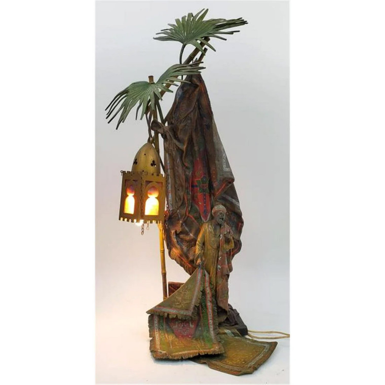 Very Fine Large Austrian Bronze Lamp and Sculpture of a Rug Merchant by Bergman