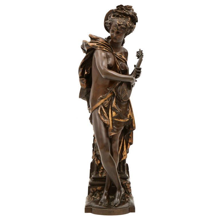 A Fine Quality Patinated and Gilt Bronze Statue of a Lady Playing a Mandolin by Albert-Ernest De Carrier-Belleuse 