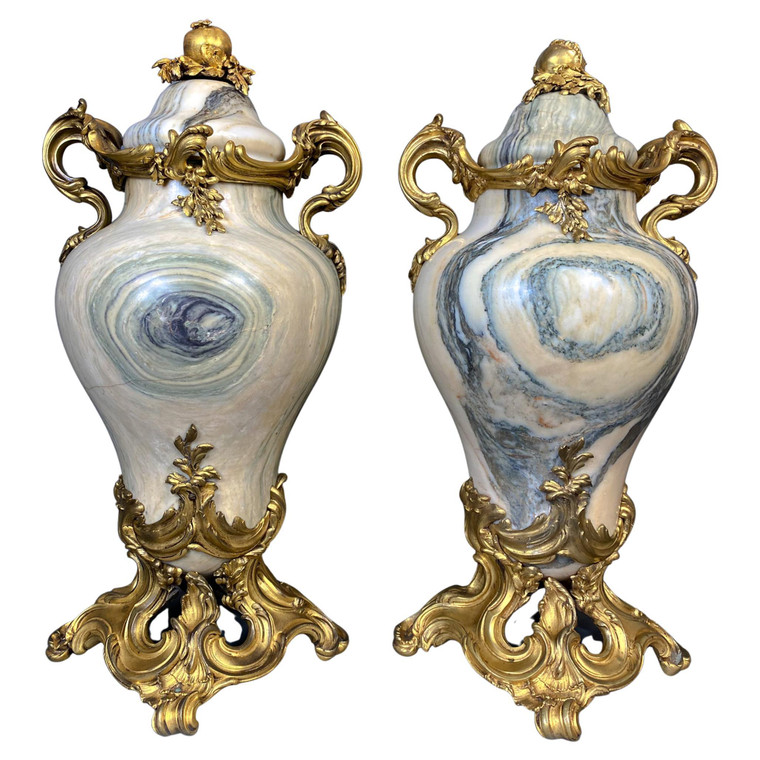 Pair French Gilt Bronze-Mounted Marble Urns with Pomegranate Att. to Henry Dasson