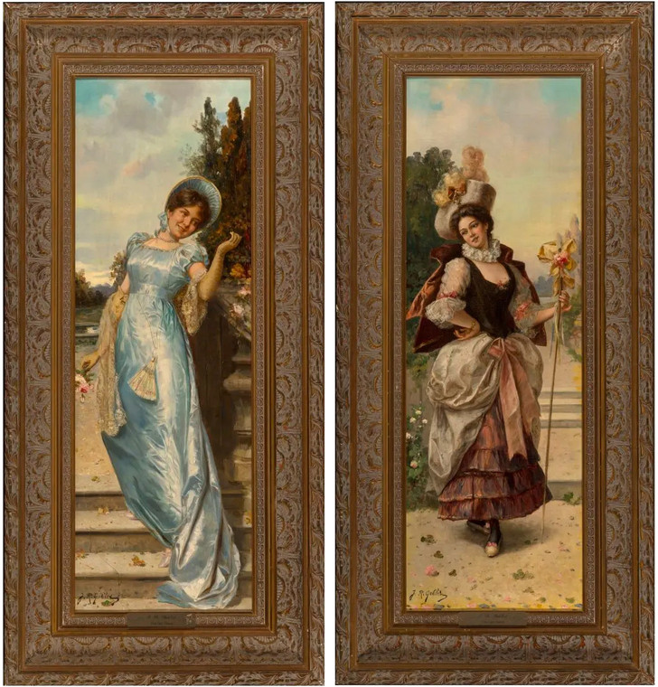 A  Fine Pair of Paintings Titled "He is coming: Coquetry"