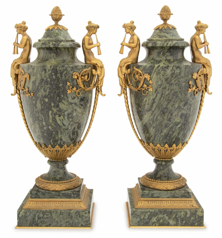 A Fine Pair of French Gilt Bronze Mounted Marble Urns