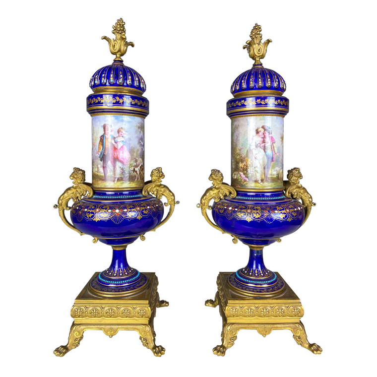 Gilt Bronze and Royal Blue Porcelain hand painted Serves Urns with Covers 