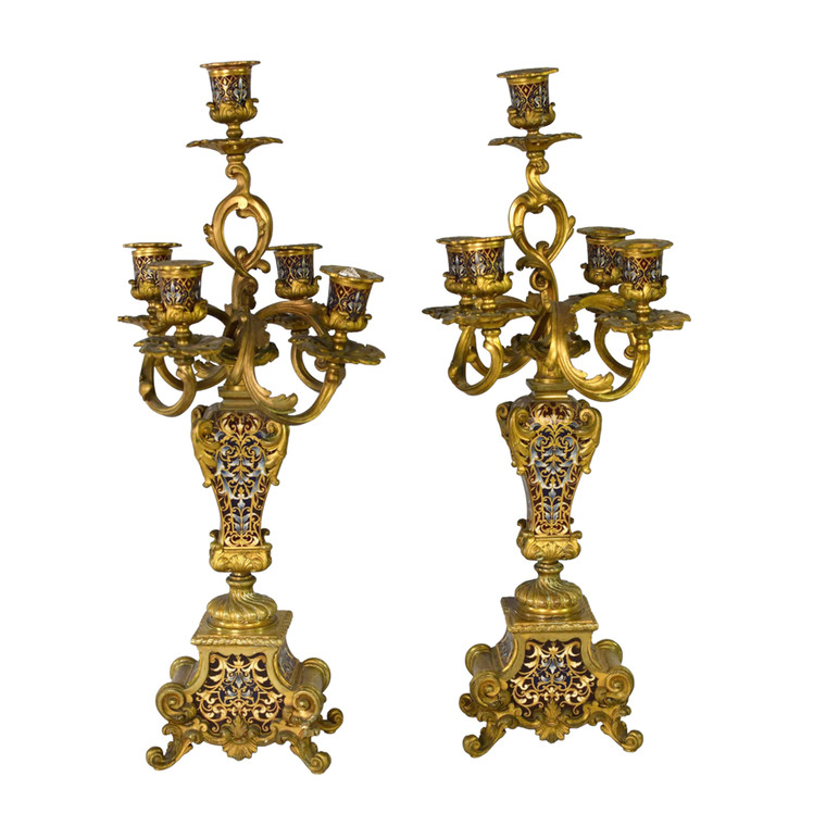 An ornate pair of Champleve French Gilt Bronze Candelabras with Enamel Ornamentation 