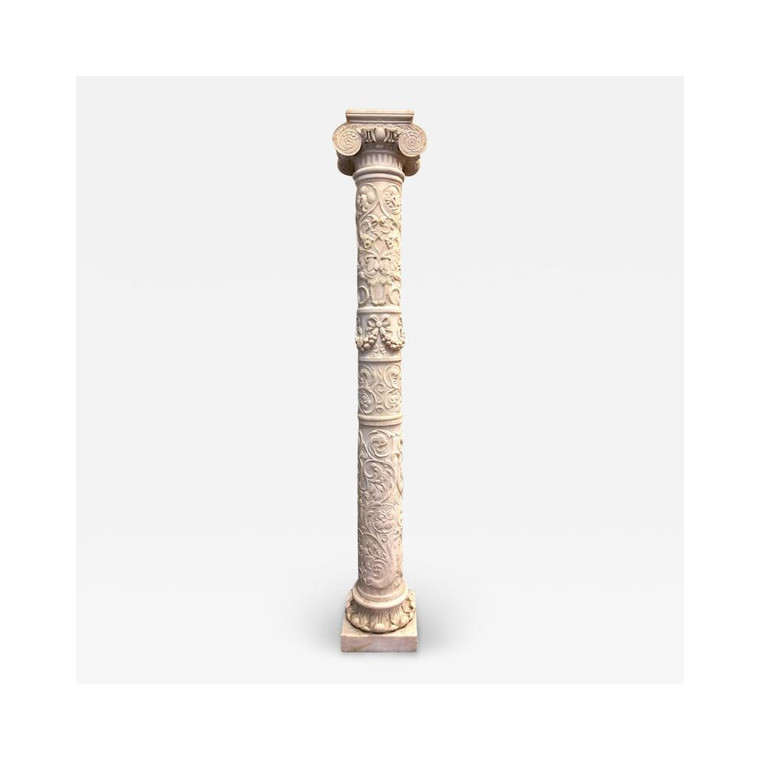 High and Low Relief White Marble Pedestal with Floral and Animal details