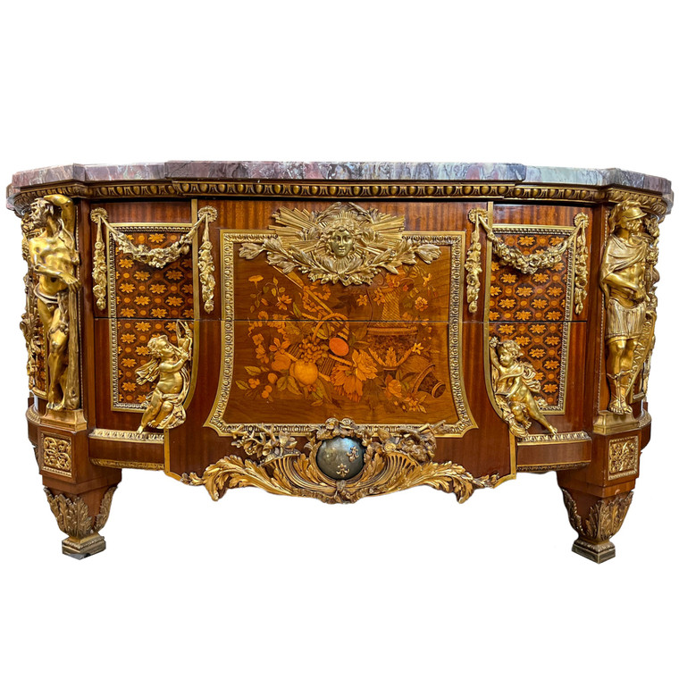 Exceptional French Louis XVI Style Gilt-Bronze Mounted, Mahogany and Fruitwood Marquetry and Parquetry, Armorial Commode