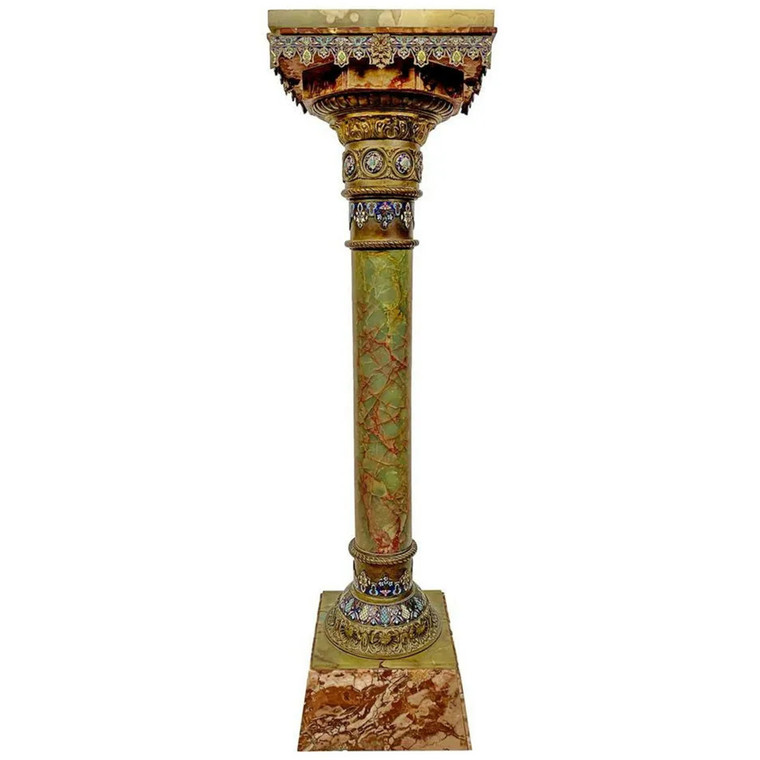  French Champleve Bronze, Onyx & Marble Pedestal