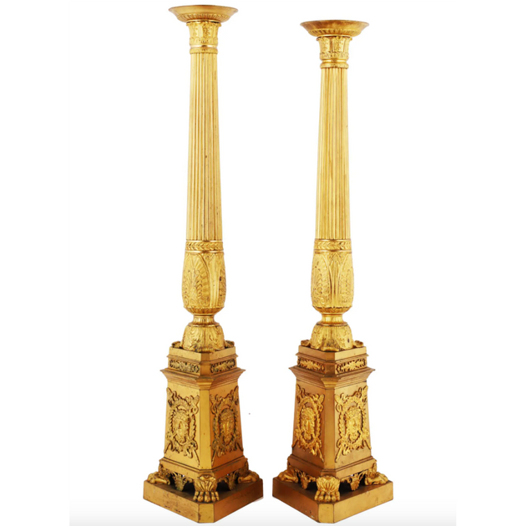 Pair of  French Ornamented Gilt Bronze Column Candlesticks