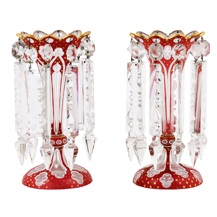 Pair of Bohemian Crimson Glass Lustres with cut glass drops 