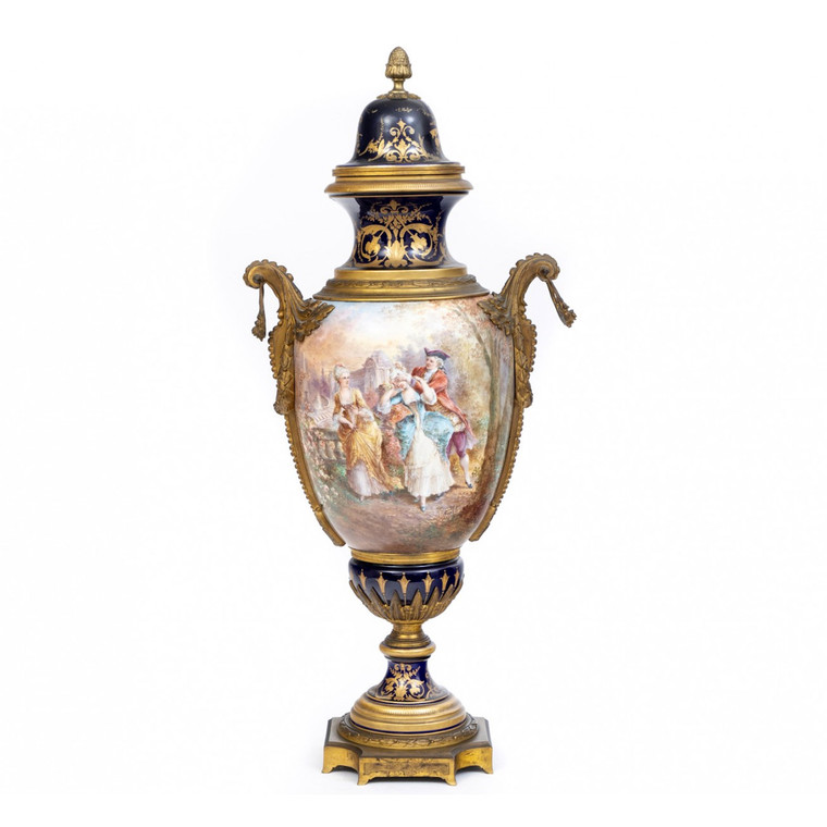 A Fine Monumental Sèvres Hand-Painted Cobalt Bronze Mounted Porcelain Urn 