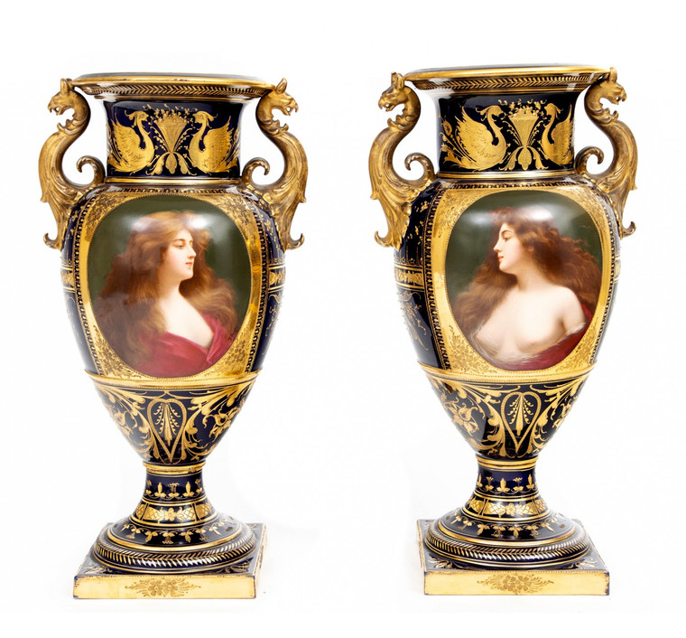 A Fine Pair of Hand-Painted Royal Vienna Porcelain Urns