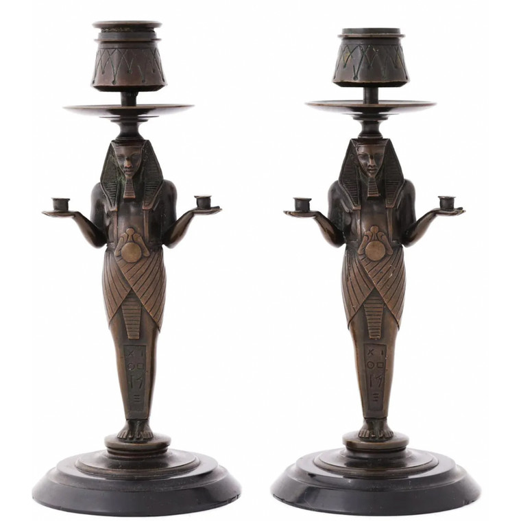 pair of  ANTIQUE  BRONZE EGYPTIAN CANDLESTICKS