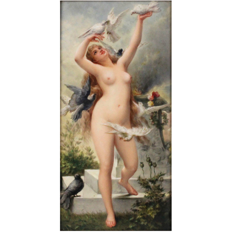  KPM Porcelain Plaque, Nude Woman with Birds