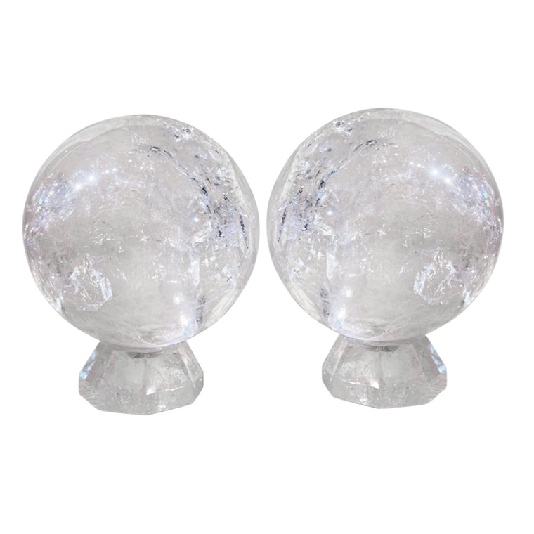 Pair of Postmodern Rock Crystal Balls with Faceted Bases 