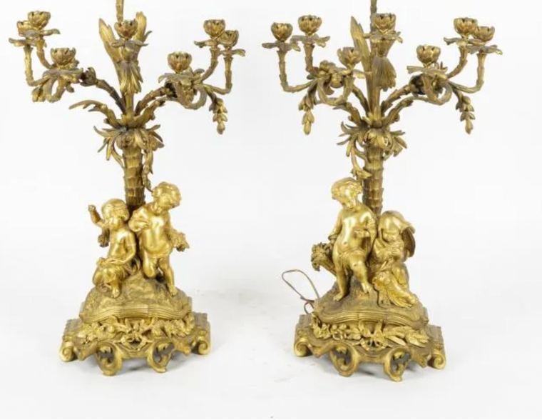 Pair of Antique French Gilt Bronze Candelabras