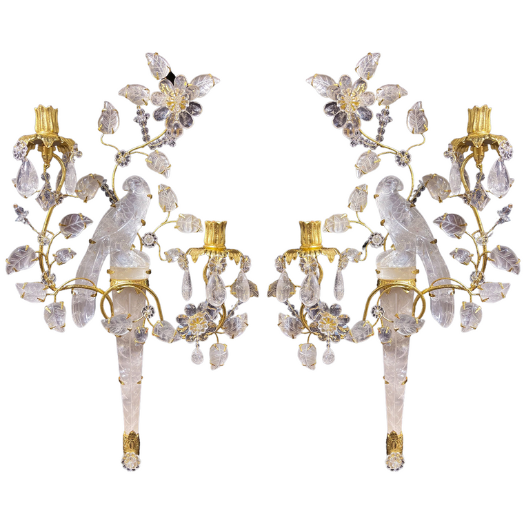 Pair of Cut Crystal Parakeet Sconces with Gilt Bronze Branches 