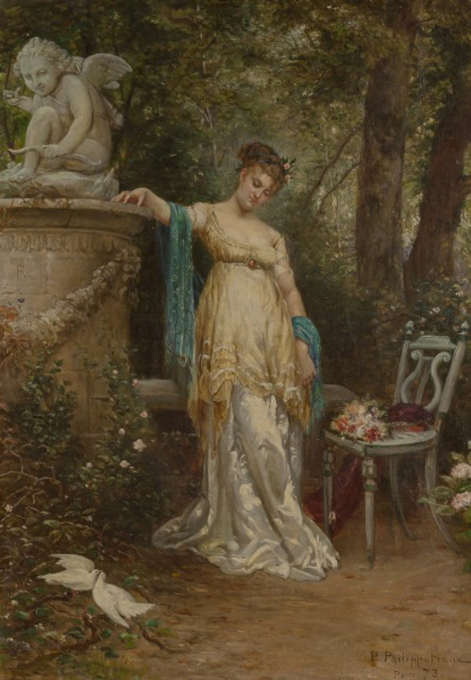 Dame and Doves in a Garden by Paul Dominique Philippoteaux 