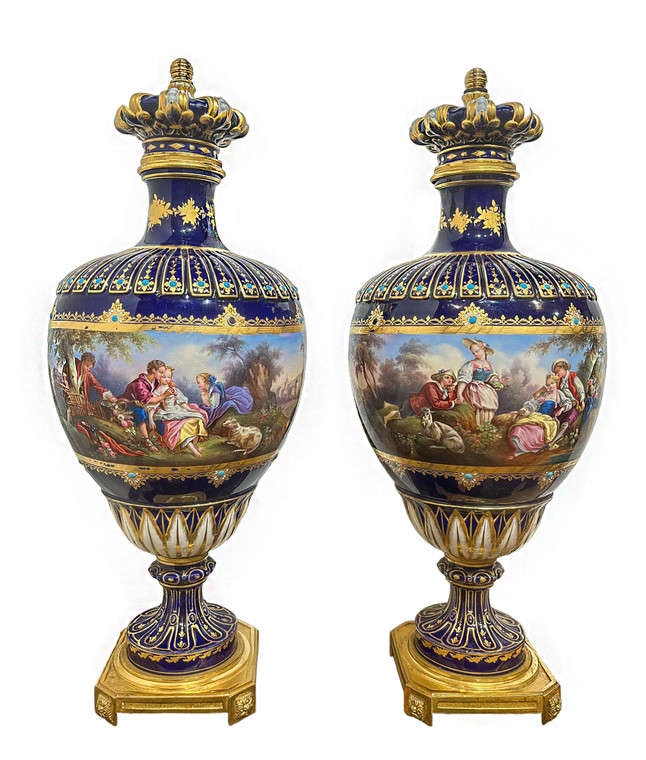 Blue Sevres Pair of Jeweled Vases with Gilt Paint and Turquoise 